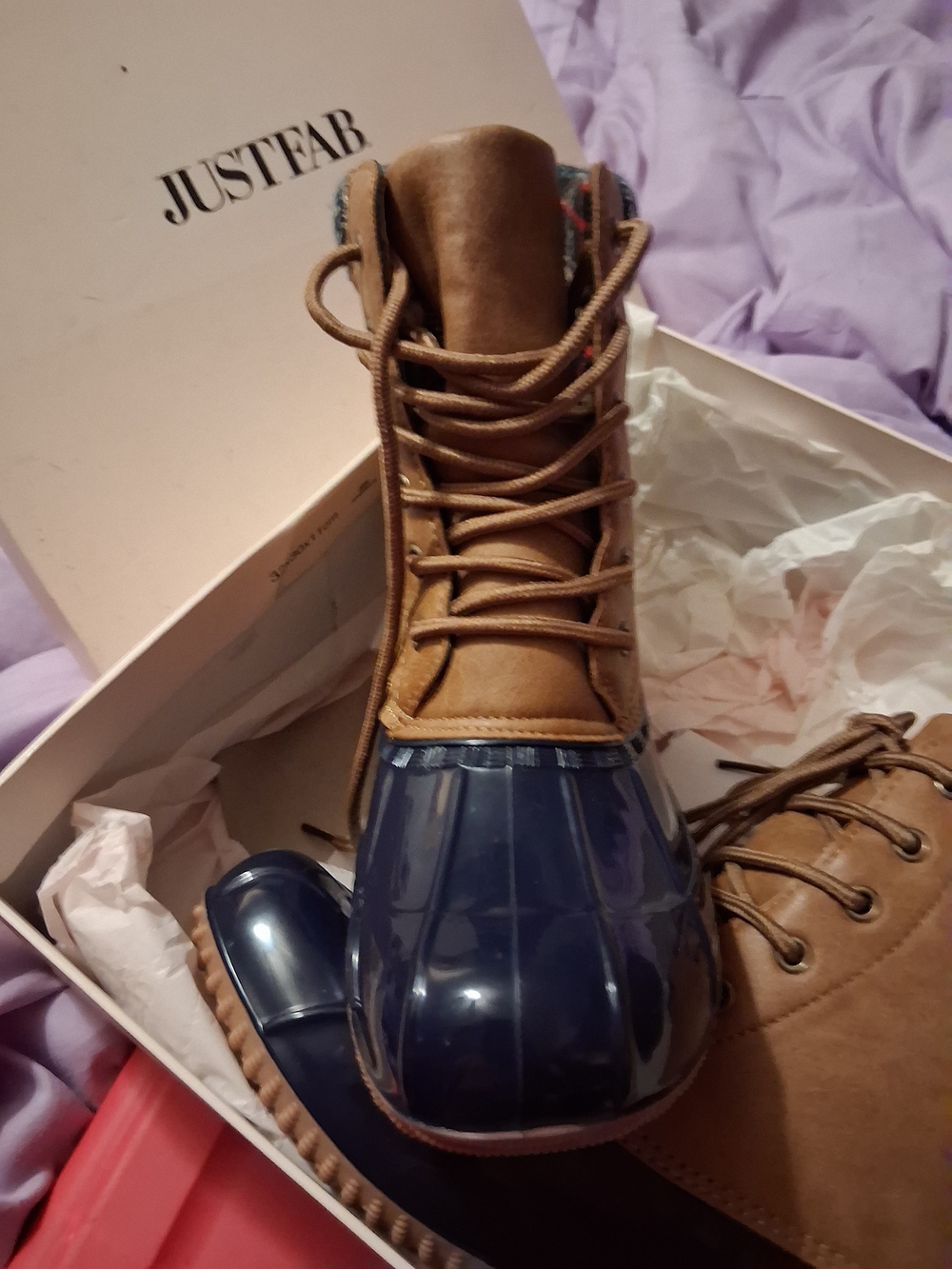 JustFab Brown and Navy Lace-Up Duck Boots